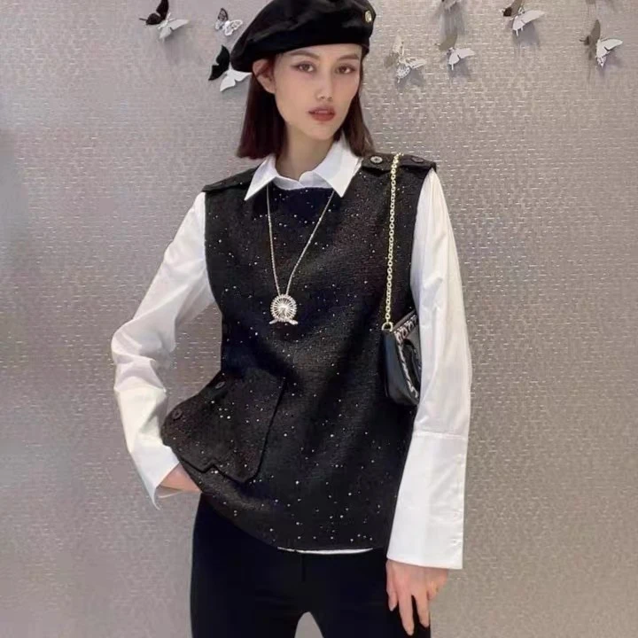 GIRDEAR/哥弟哥弟圆领气质大亮片 小香风马夹无袖马甲背心1300860