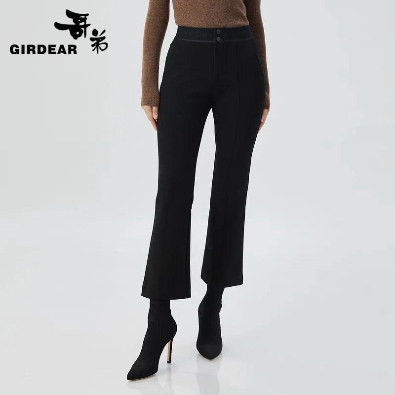 GIRDEAR/哥弟哥弟女士植绒时尚高腰弹力腰头九分微喇裤1100485
