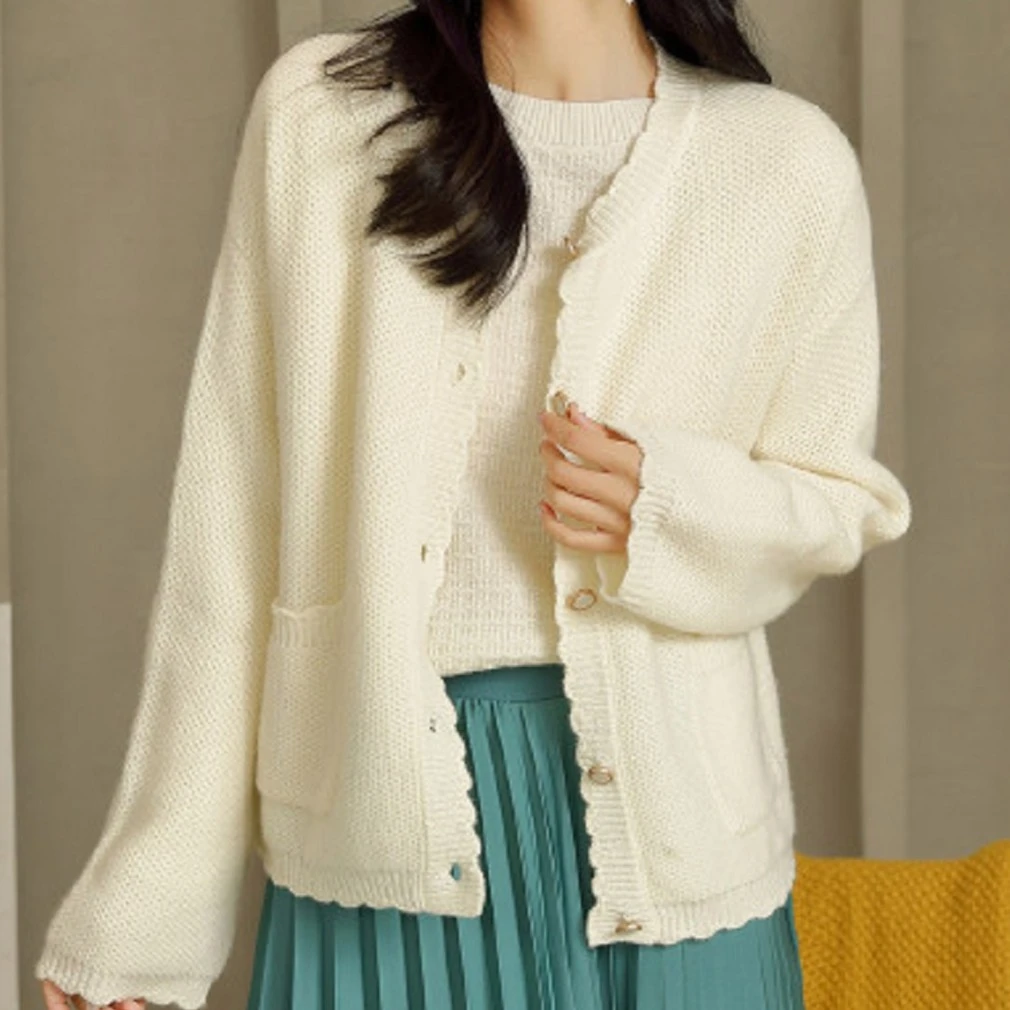 【100%绵羊毛】长袖圆领女开衫W143410