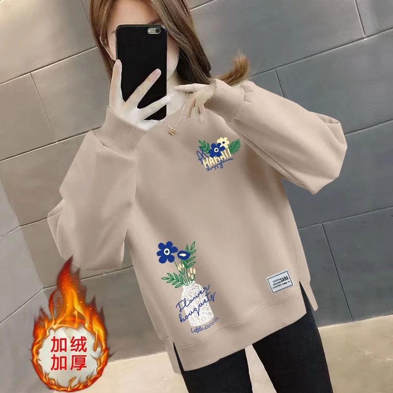 加绒/不加绒2024新款秋冬款宽松韩版卫衣个性开叉减龄百搭女上衣
