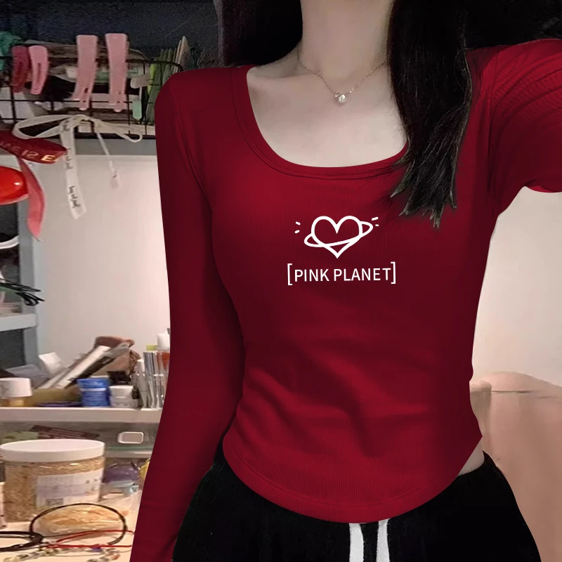 2024秋季新款多色长袖t恤女装百搭修身女装方领正肩显瘦打底上衣