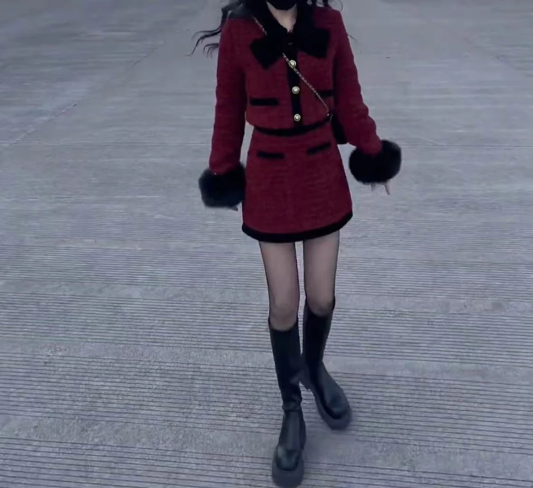 女装套装小香风气质网红时尚女士复古红色秋冬显瘦短款轻奢两件套