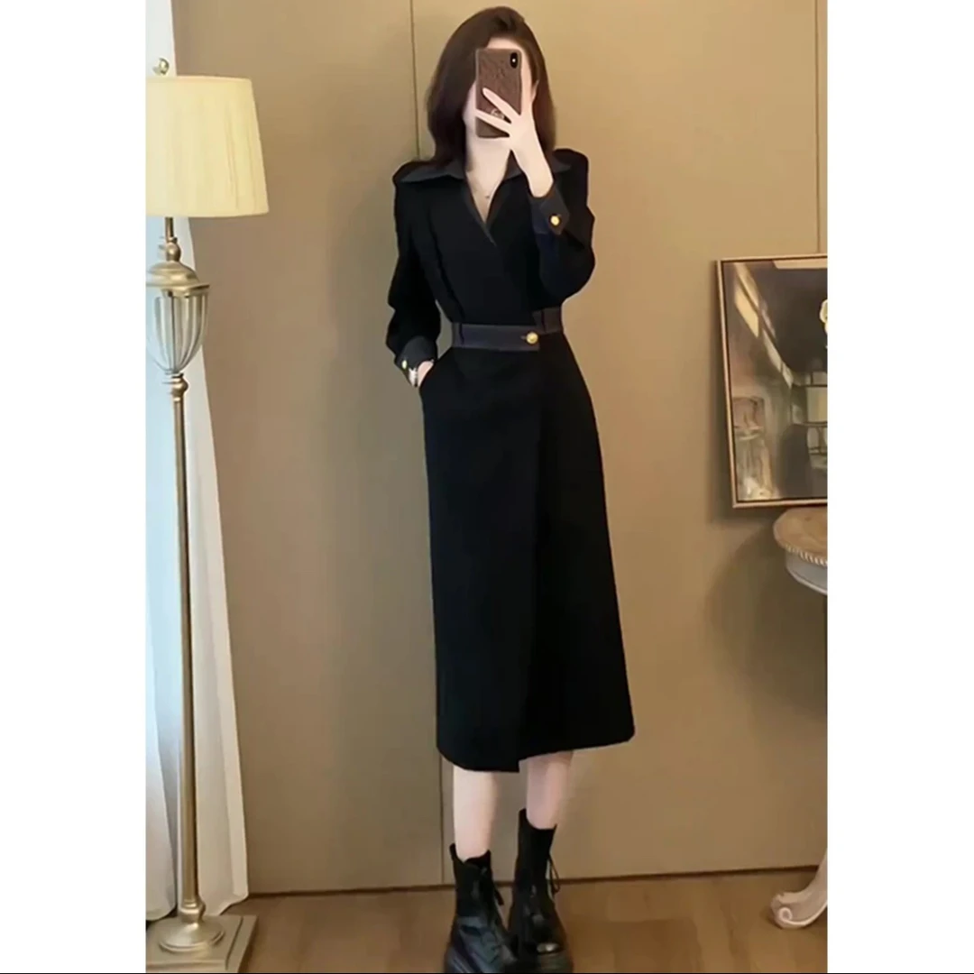 秋冬法式气质长裙高端御姐风收腰显瘦长袖连衣裙子女高级感小黑裙