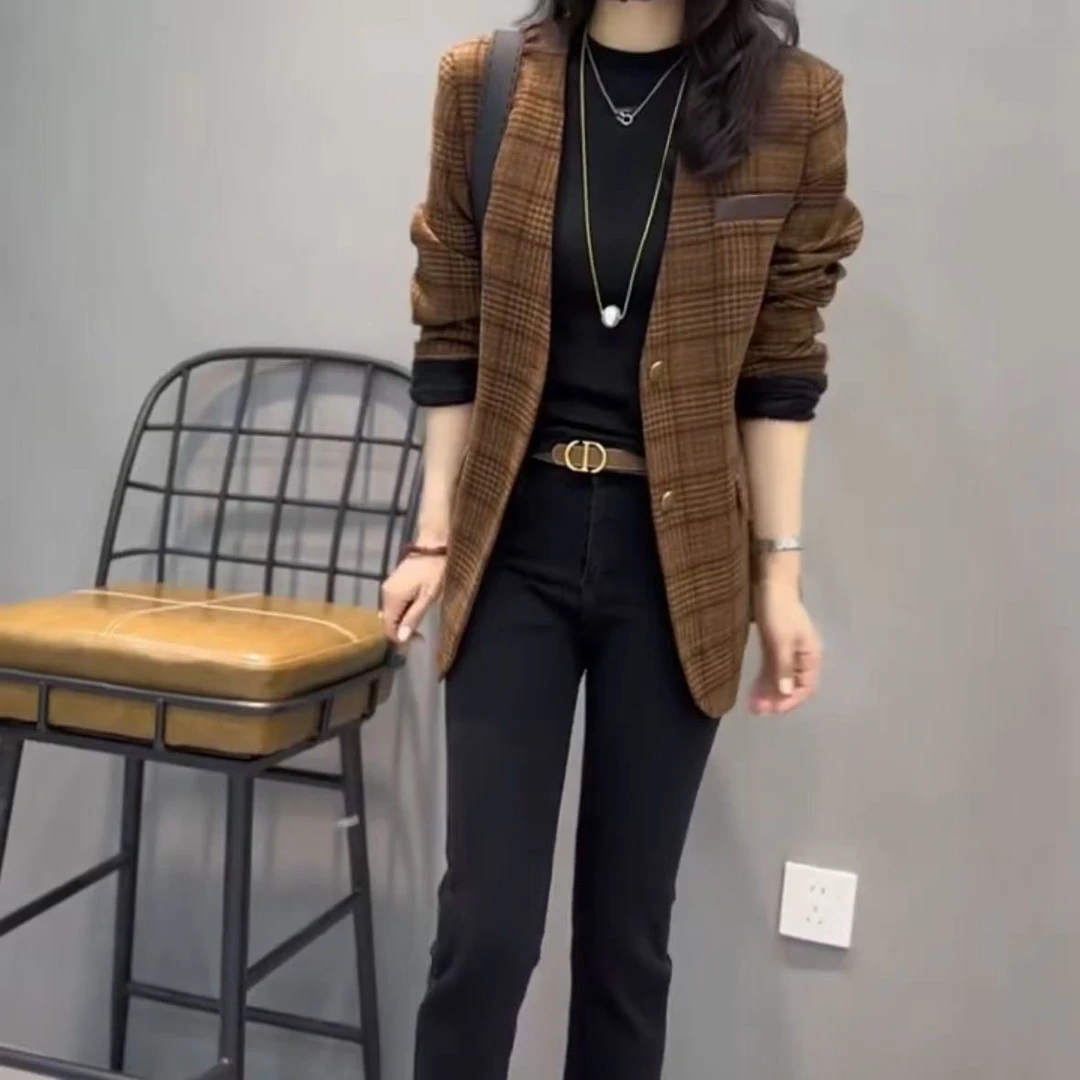 外套气质时尚休闲百搭西服修身格子秋冬加棉显瘦网红洋气韩版上衣
