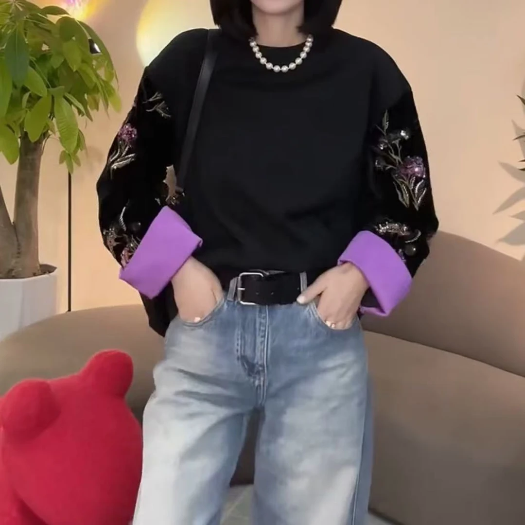 上衣长袖时尚黑色宽松圆领秋季百搭打底新中式国风拼接丝绒小衫女