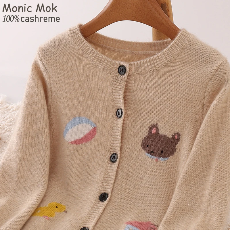 MonicMok洪儿童可爱卡通100%羊绒毛衣开衫女童宝宝洋气外套加厚