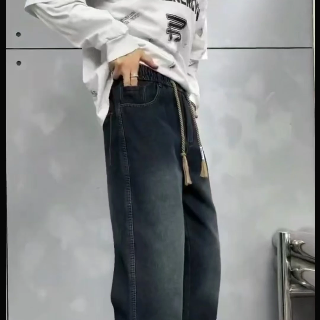 510休闲加绒牛仔裤男女同款情侣直筒时尚复古宽松秋冬加绒牛仔裤