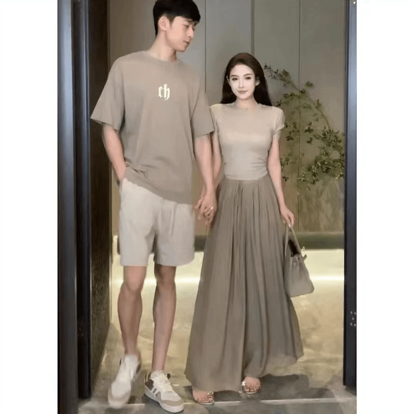 【好米~娇娇气】时尚气质显瘦设计感绑带针织短袖上衣+掐腰飘飘裤裙