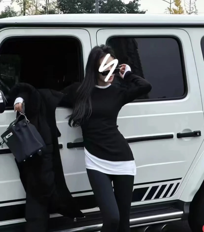 2025秋冬季时尚修身显瘦不规则假两件长袖针织打底上衣女