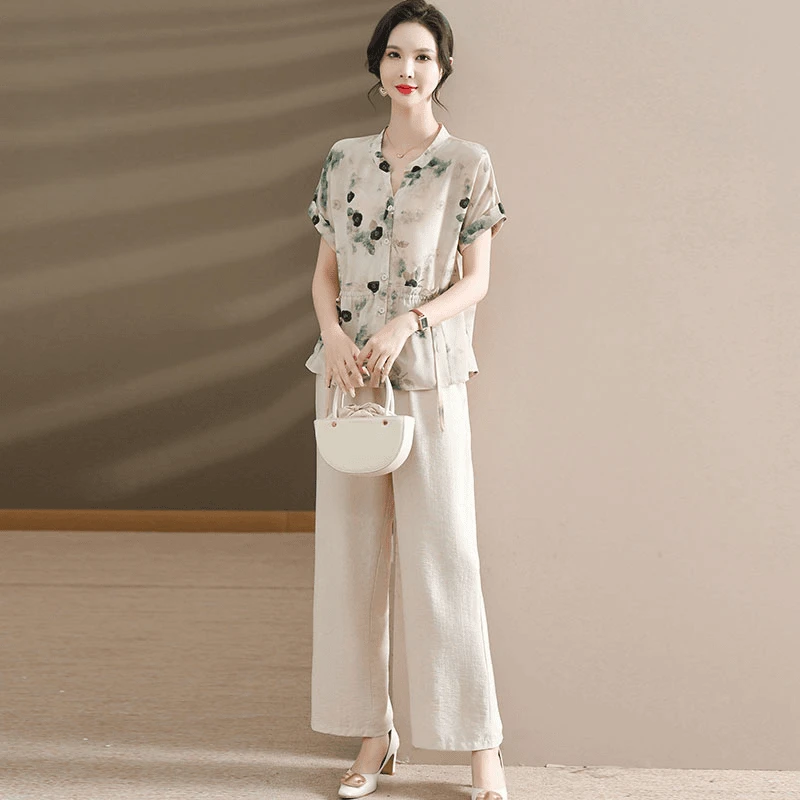 罗蒙妈妈夏装雪纺短袖上衣洋气新款衬衫50岁时尚小衫中老年人套装