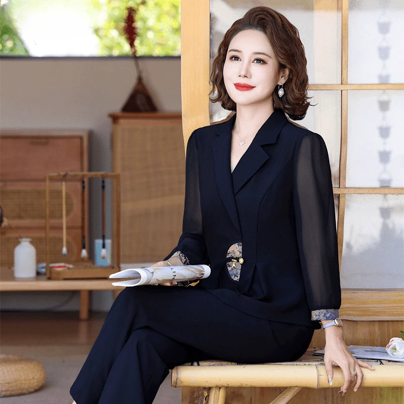 罗蒙妈妈秋装新中式国风套装新款中老年春秋洋气雪纺上衣两件套