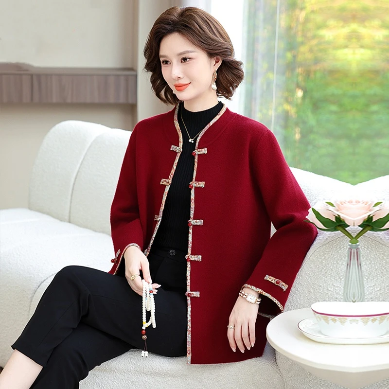 罗蒙妈妈秋装新中式外套2024新款中年短款上衣中老年女呢子大衣