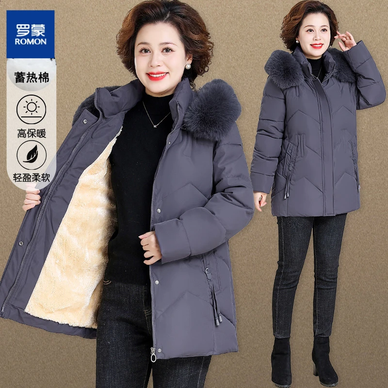 罗蒙妈妈冬装保暖棉服中长款中老年冬季外套加绒加厚中年女士棉袄