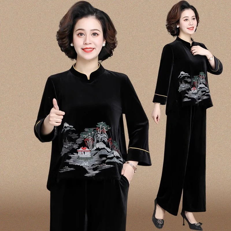 罗蒙妈妈金丝绒套装复古新中式中国风春秋中老年人女两件套刺绣