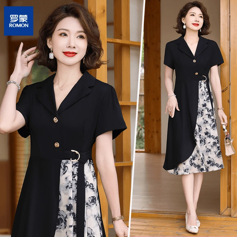 罗蒙时尚妈妈夏装连衣裙女洋气短袖裙子中老年人女装气质中长裙子