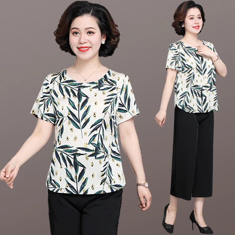 中年妈妈夏装套装2025新款中老年短袖T恤女洋气时尚阔太太雪纺衫