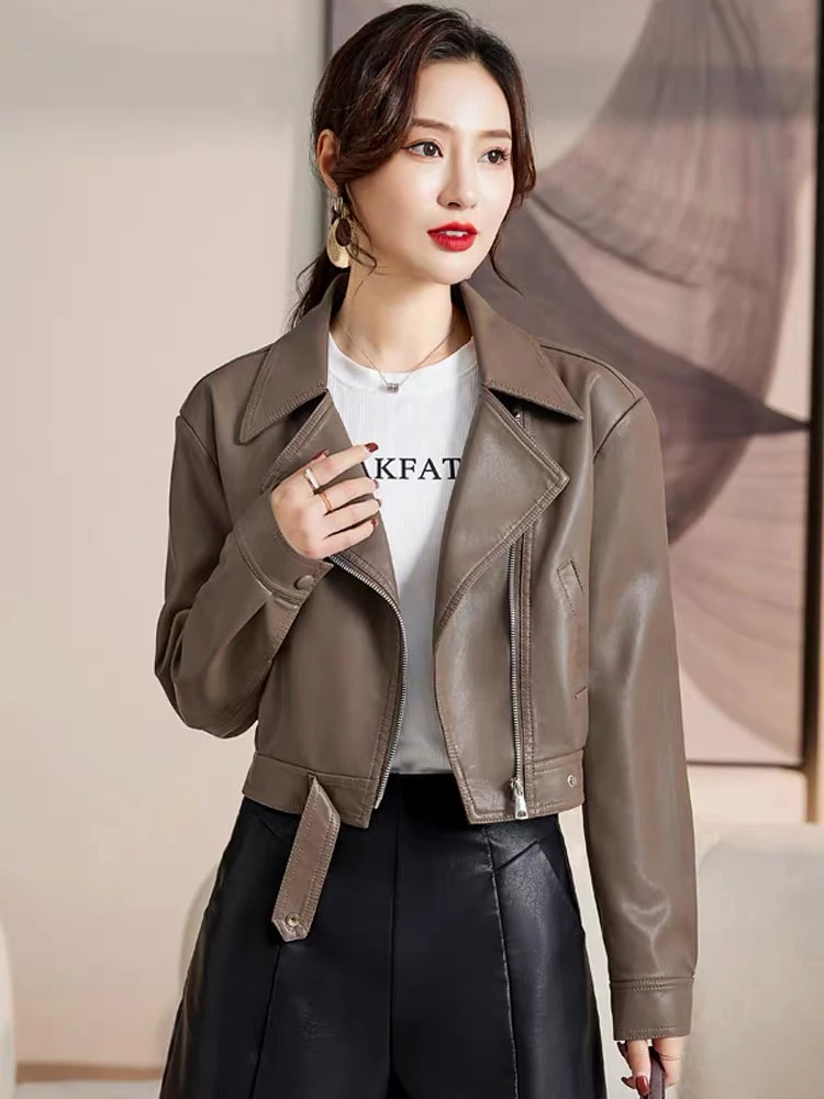 皮衣女2023秋装新款西装领宽松休闲短款多色显瘦百搭皮夹克外套潮