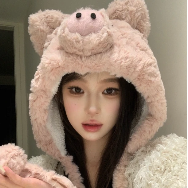 【17SR】可爱小猪宽松氛围居家卡通毛绒帽学生秋冬加厚加绒保暖帽