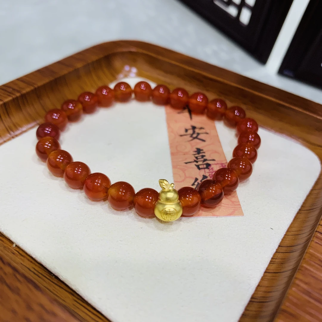 足金福禄葫芦吊坠黄金手链本命年红玛瑙手串生日礼物送女友