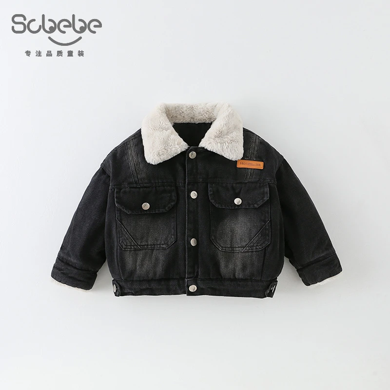 SCBEBE儿童牛仔外套冬季2024新款男童贴标翻领外套AW757