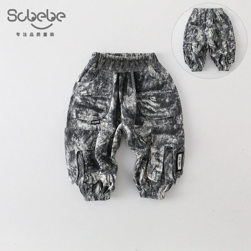 SCBEBE儿童工装裤春秋2024新款男童百搭迷彩炸街工装裤AK408