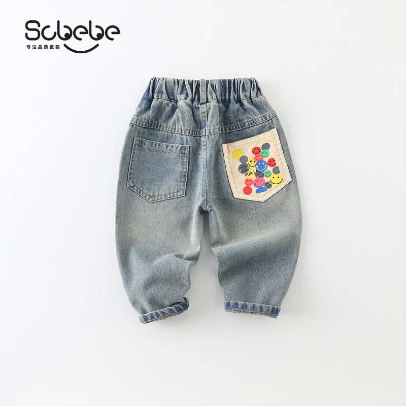 SCBEBE儿童牛仔裤2024春季新款百搭裤子韩版帅气卡通牛仔裤AK387
