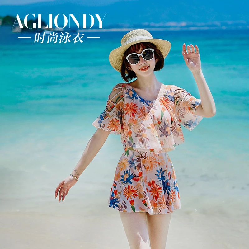 Agliondy【秋香落叶】游泳海滩高级感遮肉保守大码三亚连体泳衣女