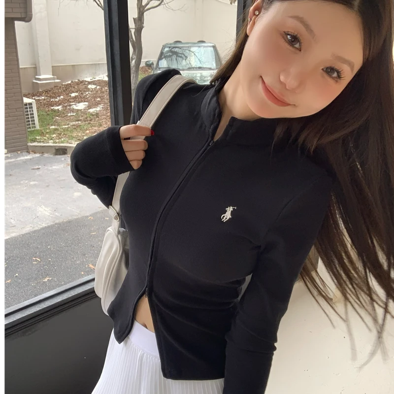 2024秋款百搭辣妹双拉链立领坑条针织开衫修身显瘦外穿短款上衣女