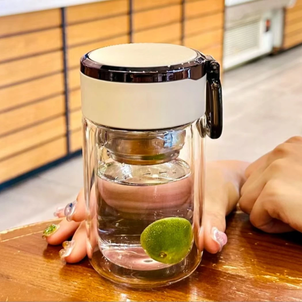 大容量泡茶双层小巧水杯高硼硅玻璃外出携带随手杯便携耐高温夏天