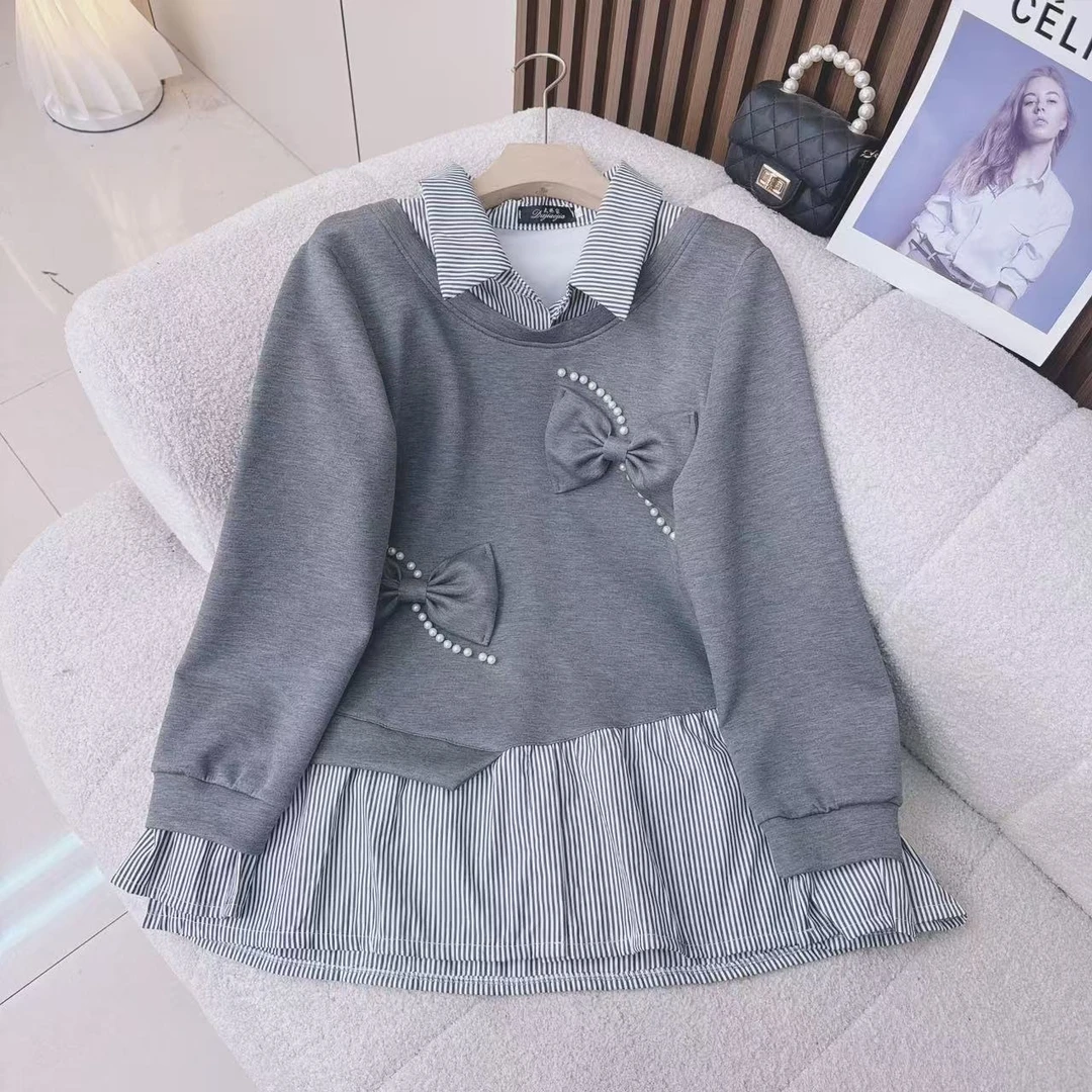 韩版时尚假两件衬衫女2024秋季新款洋气条纹拼接减龄百搭宽松上衣