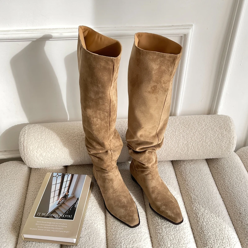 大筒围靴子女新款宽筒粗腿长筒靴欧美平底堆堆靴直筒靴绒面高筒靴