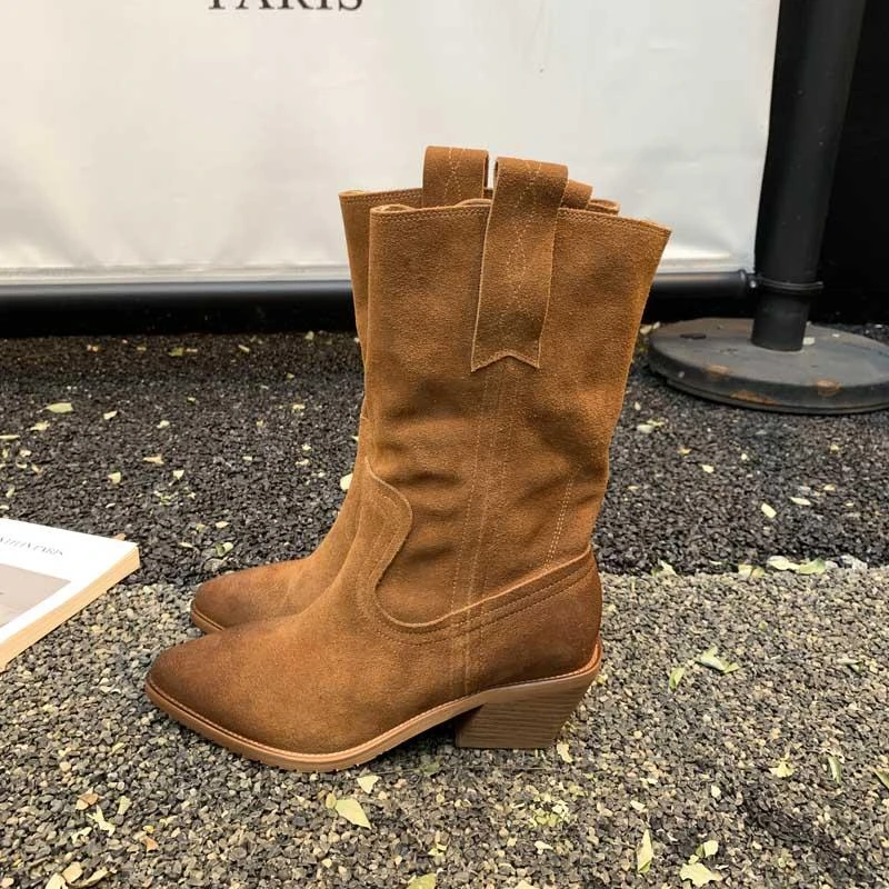 宋熙熙2025春秋新款尖头粗跟真皮西部靴擦色高跟短靴百搭中筒靴