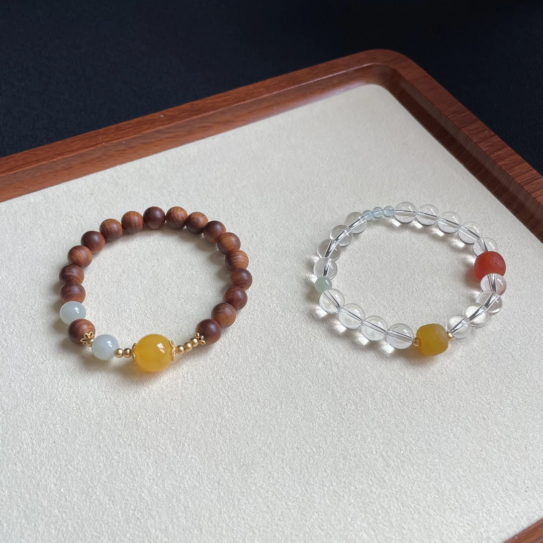 四季  天然太行高油崖柏手串黄红玛瑙和田玉晴水白水晶冰透海蓝宝