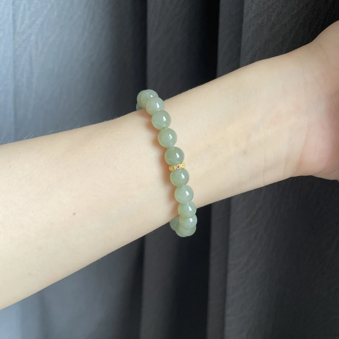 应宽   天然和田玉晴水色手串青海料单圈8mm莲蓬小滴溜银镀金手链