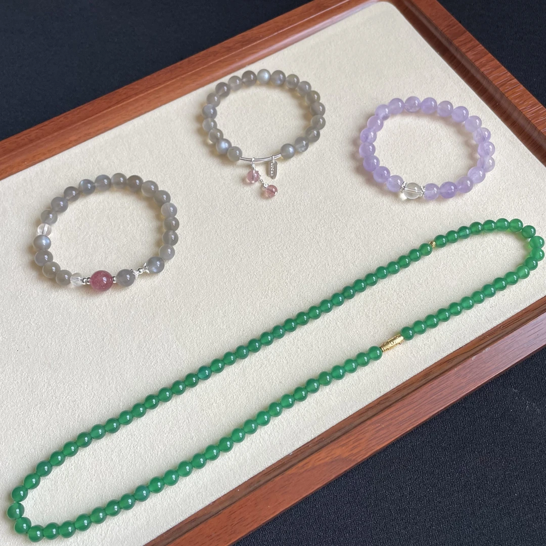 紫霞   天然浅色黑骨干手串灰月光拉长石透体薰衣草紫晶925银手链