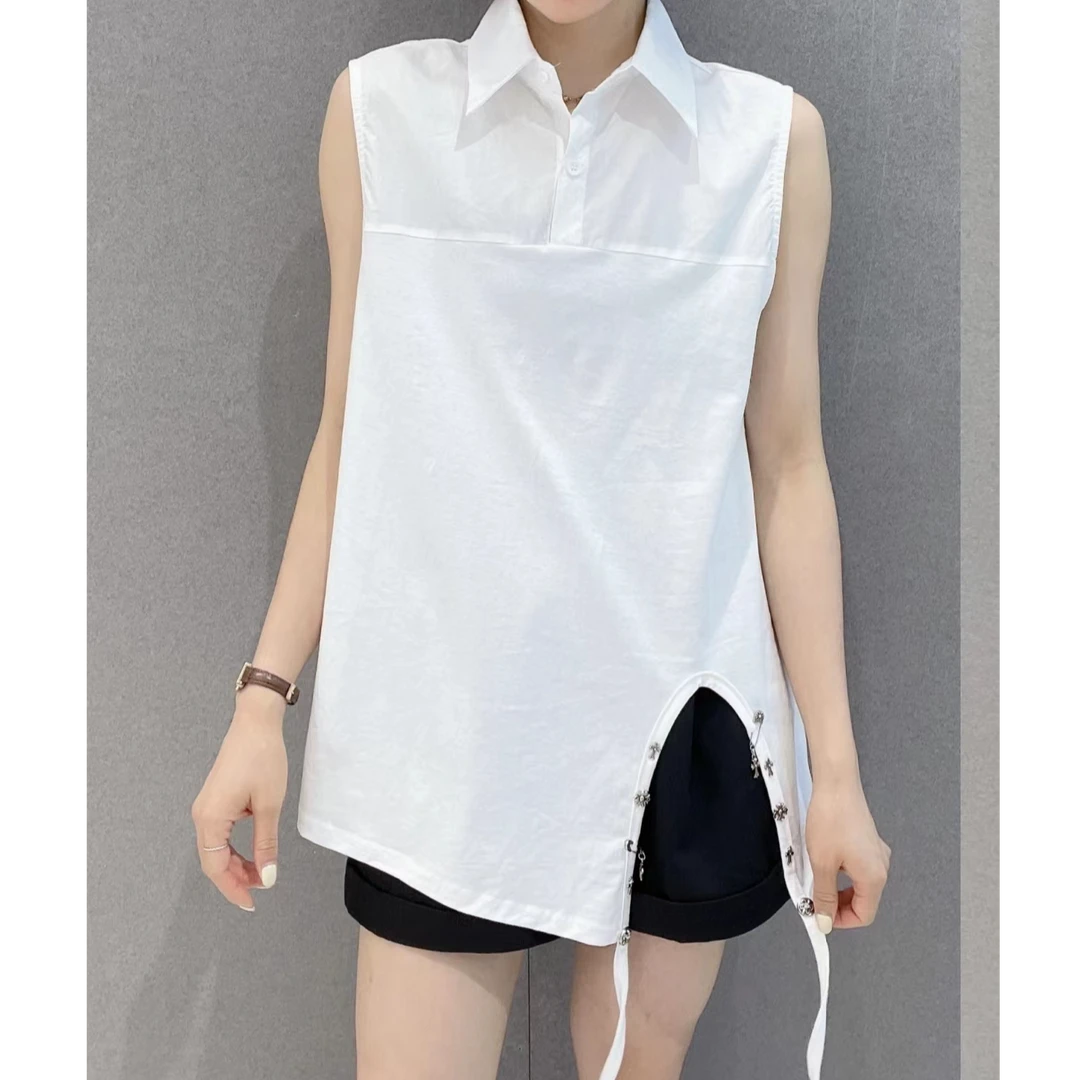欧货早秋开叉无袖打底背心衬衫