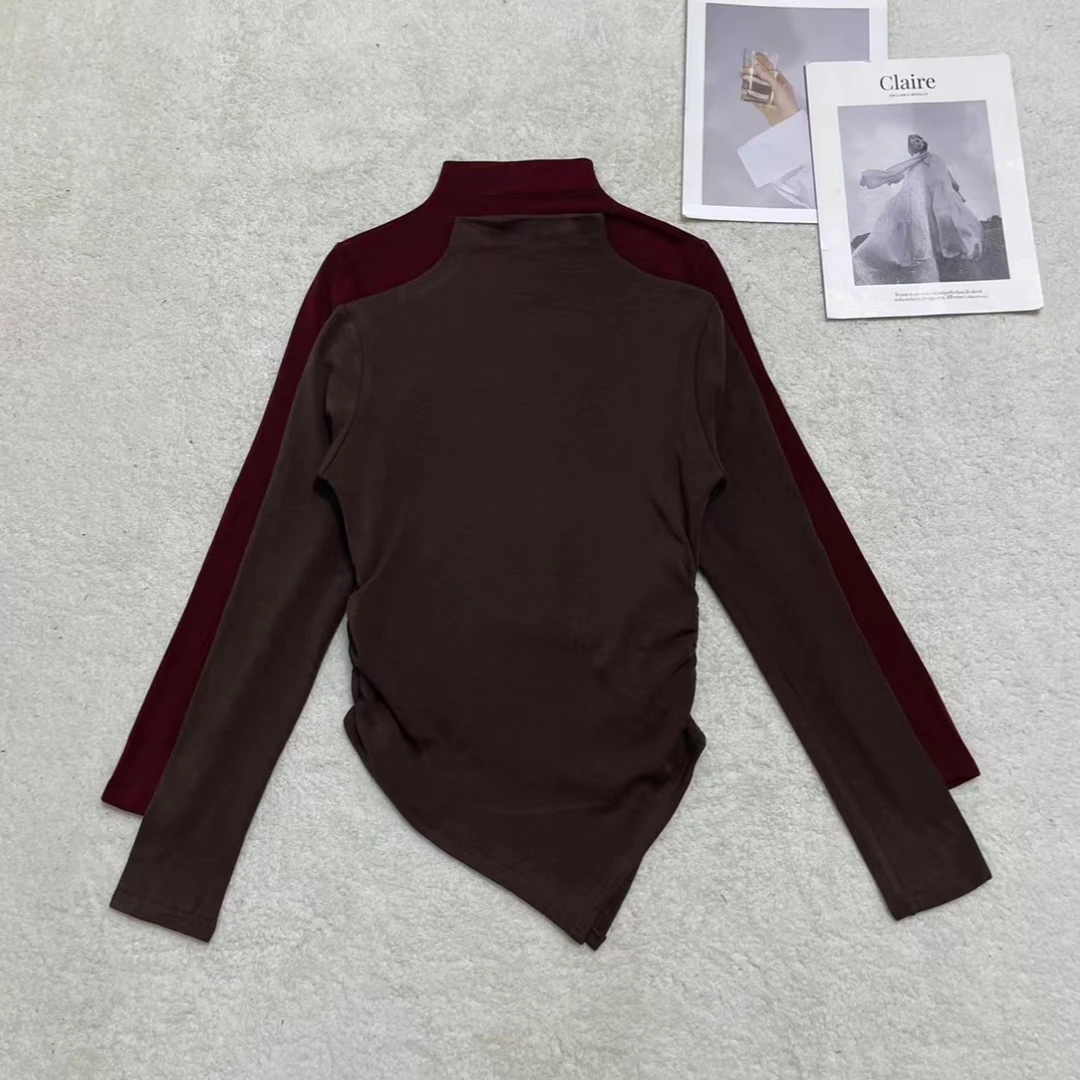 早秋气质款半高领修身褶皱不规则韩版上衣1223