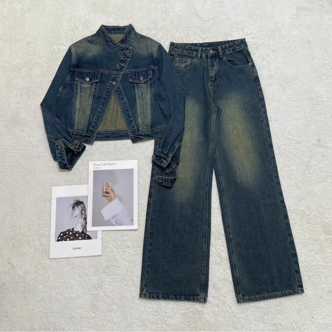 秋季新款斜门襟短款牛仔外套＋高腰直筒裤套装