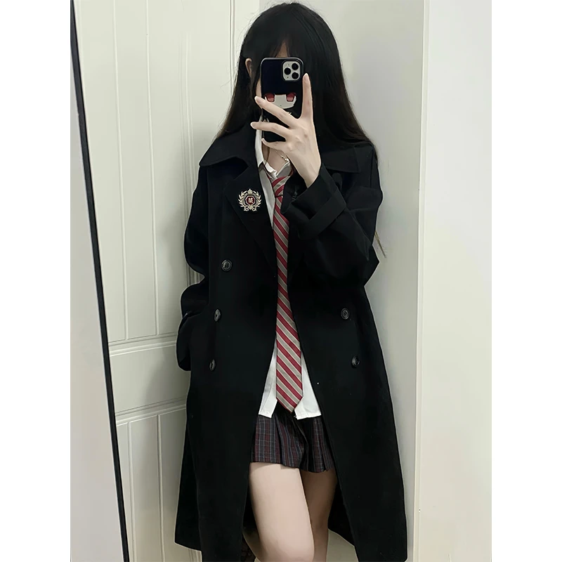 布丁熊原创JK制服中长款外套女小个子短款英伦学院风风衣春秋黑色