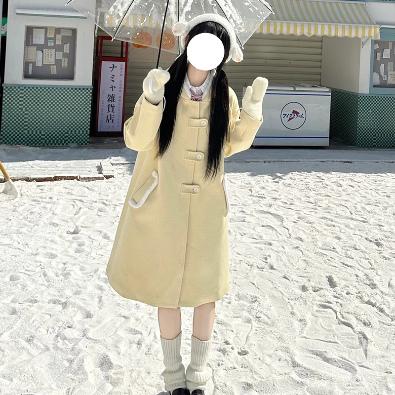 清仓】布丁熊原创jk小个子秋冬新学院风中长款连帽毛呢大衣外套女
