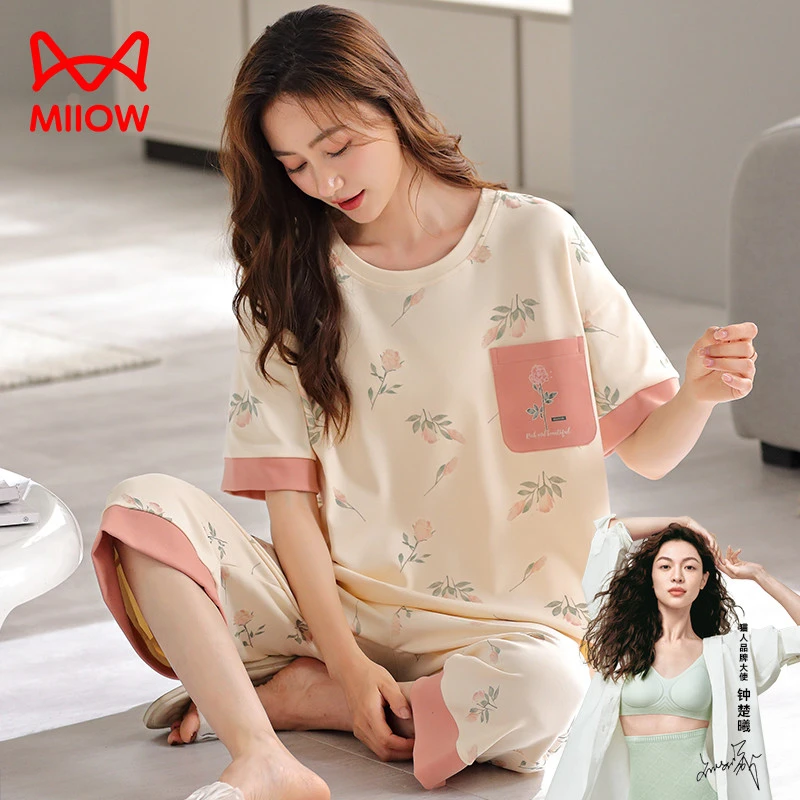 猫人优品纯棉睡衣女式夏季短袖七分裤圆领大码休闲风家居服带胸垫