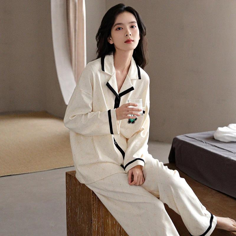 猫人春秋季睡衣女士纯棉长袖翻领套装秋冬款轻奢高级感颜值家居服