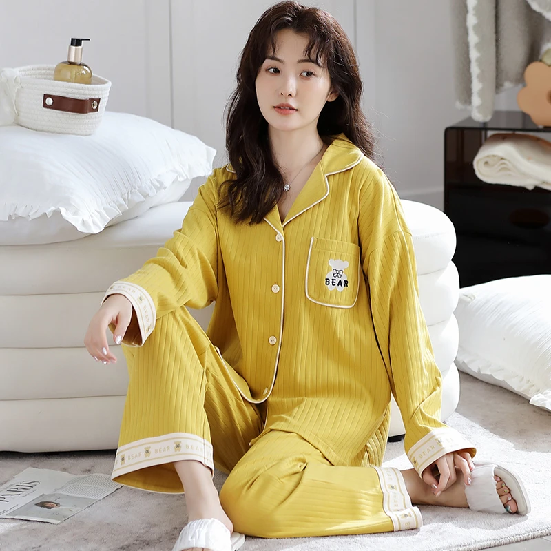 MIIOW/猫人高档纯棉睡衣女春秋季长袖开衫翻领简约大码家居服套装