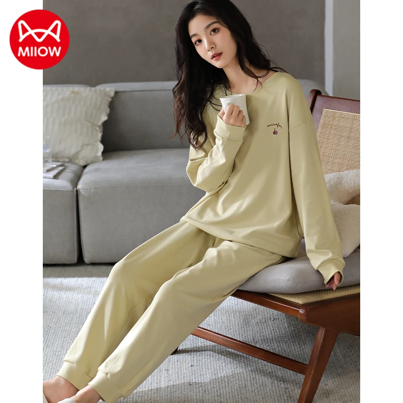 猫人秋款睡衣女纯棉长袖春秋季大码圆领简约居家可外穿家居服套装