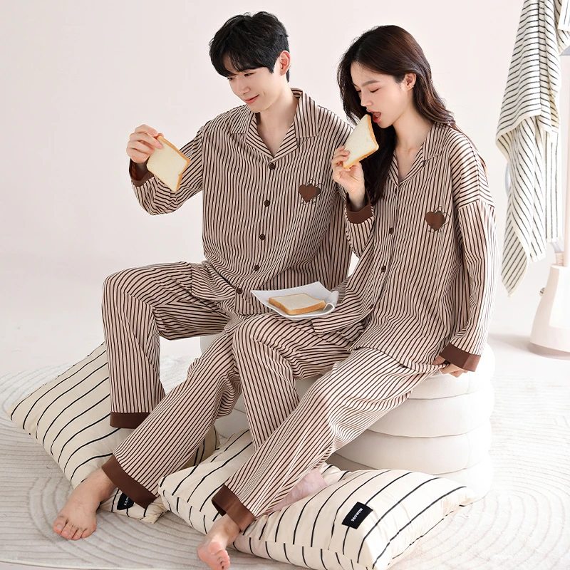 猫人情侣睡衣春秋季纯棉长袖开衫翻领条纹男女士秋冬款家居服套装