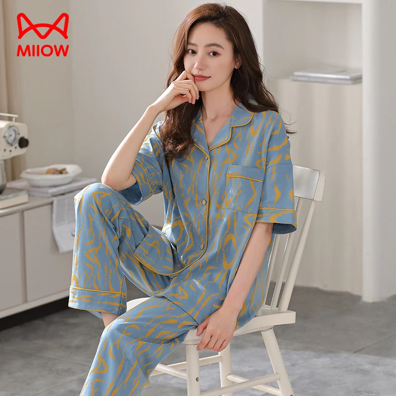 猫人睡衣女士夏季薄款纯棉短袖长裤套装开衫翻领休闲大码家居服