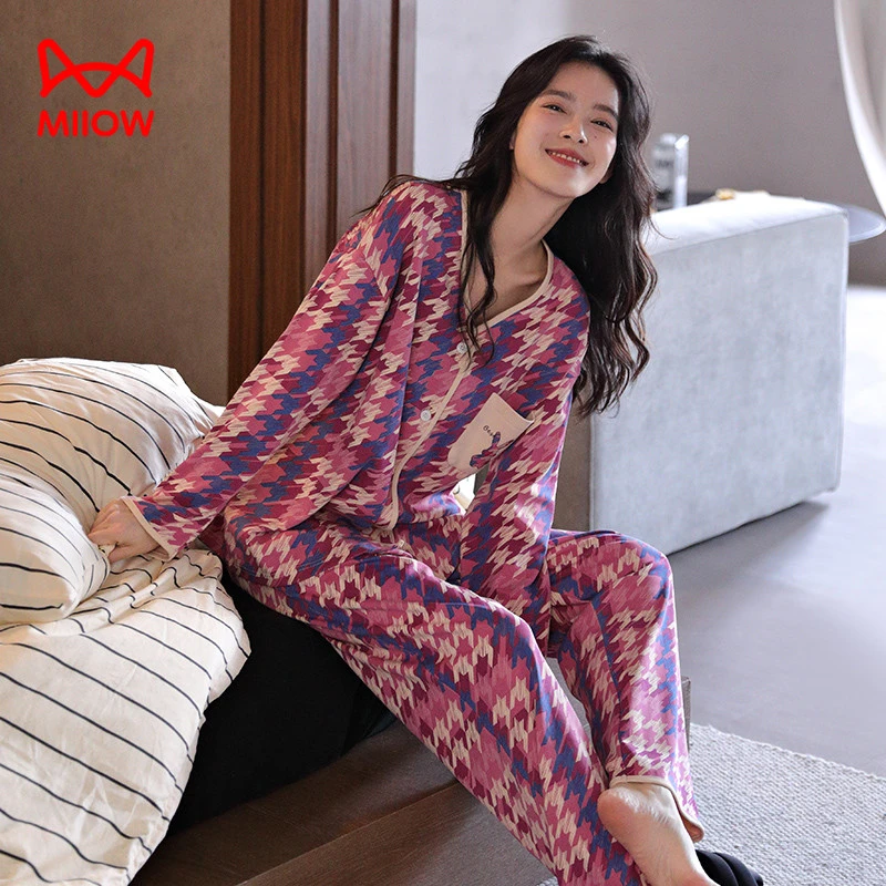 猫人睡衣女款春秋季纯棉长袖开衫V领秋冬天时尚网红风家居服套装