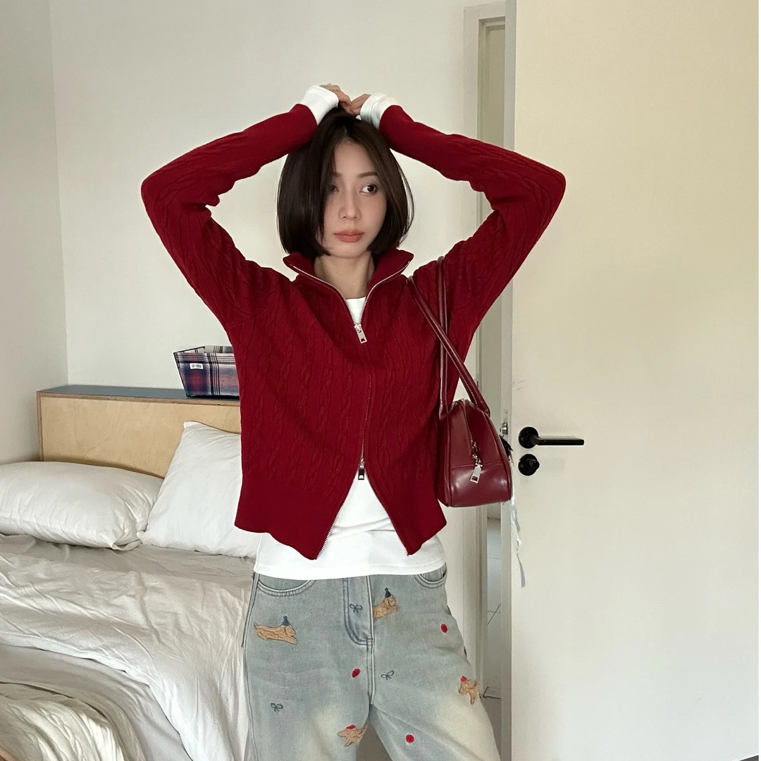 ［小马毛衣］双头拉链复古麻花加厚气质针织开衫外套百搭毛衣 1586