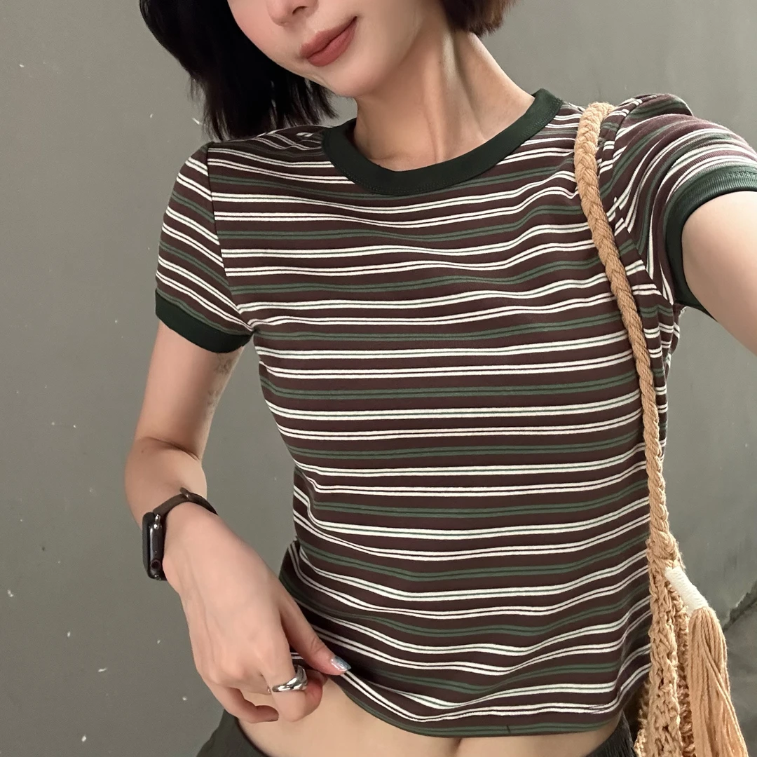 ［清新杜松］ 夏季复古条纹正肩弹力螺纹短款短袖显瘦T恤1331