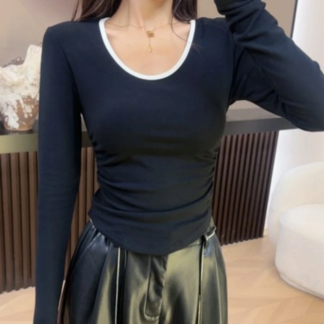 秋冬磨毛加绒撞色辣妹短款上衣女百搭长袖打底衫T恤 7039